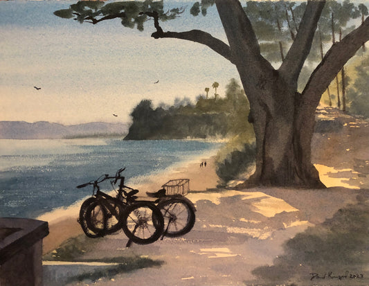 Biking and Strolling at Butterfly Beach, Montecito - Watercolor - Paper - 11 x 15 - NFS