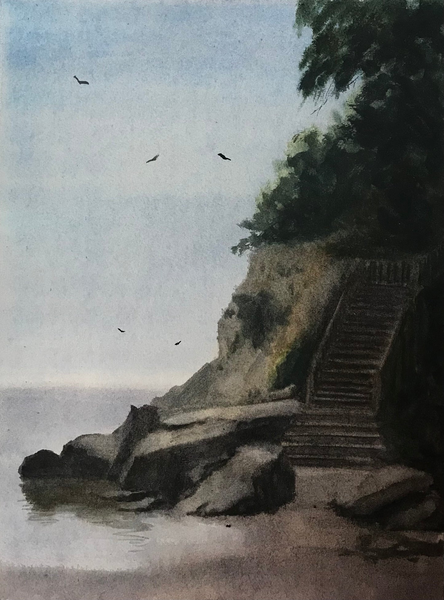 "Atmospheric Gray Beach Day Santa Barbara" - Watercolor - Paper - 11 x 15 - NFS